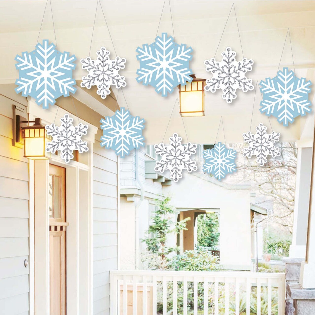 Big Dot of Happiness Hanging Winter Wonderland - Outdoor Hanging Decor - Snowflake Winter Wedding and Holiday Party Decorations - 10 Pieces
